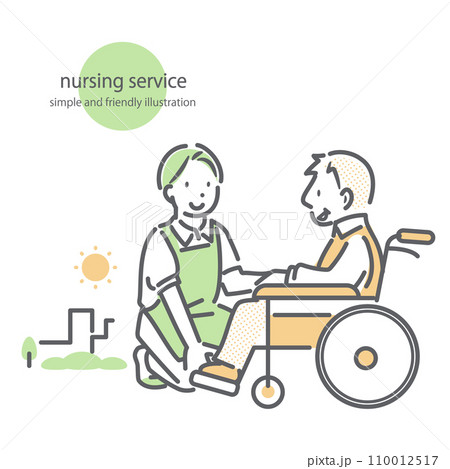 車いすの高齢男性に話しかける男性介護職員　シンプルでお洒落な線画イラスト 110012517
