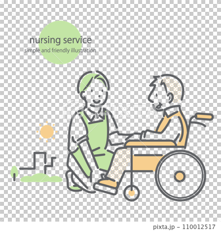 一幅簡單時尚的線條畫插圖，描繪了一位男性護理人員與一位坐在輪椅上的老人交談 110012517