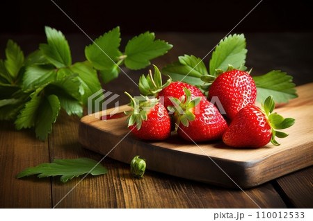AI-generated content. Freshly harvested strawberries arranged on a wooden board against a natural backdrop Generative AI AI-generated content. Freshly harvested strawberries arranged on a wooden board against a natural backdrop Generative AI 110012533
