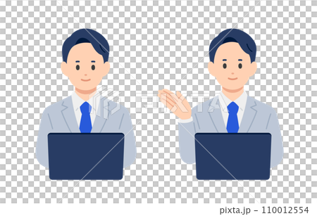 パソコンを見る･案内のポーズをするビジネスパーソン男性のセット【人物ベクターイラスト素材】 110012554