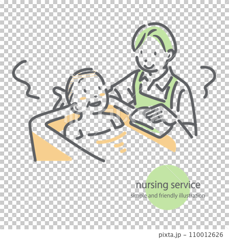 一幅簡單時尚的線條畫插圖，描繪了一位男性護理人員為一位老人提供沐浴護理。 110012626