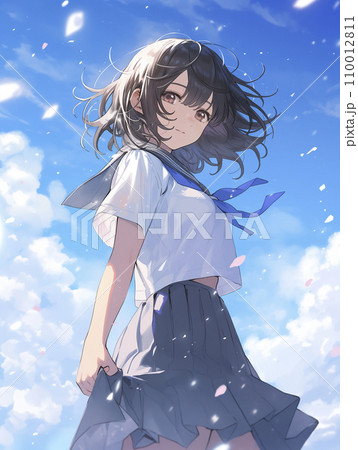 青空と女子高生　雪と冬の青空（AI生成画像） 110012811