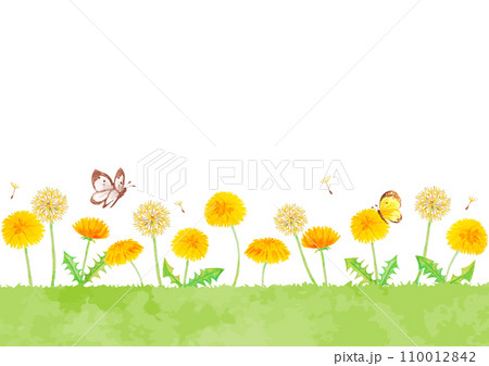 優しい手書きのタンポポと原っぱの風景イラスト 110012842