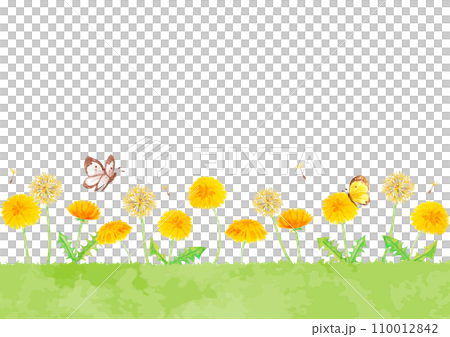 優しい手書きのタンポポと原っぱの風景イラスト 110012842