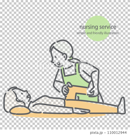 一幅簡單而時尚的線條畫插圖，描繪了一名高級女性從女性工作人員那裡接受康復治療的情況。 110012944