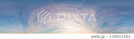 Dark Sunset sky panorama with glowing pink Cirrus clouds. HDR 360 seamless spherical panorama. Full zenith or sky dome in 3D, sky replacement for aerial drone panoramas. Climate and weather change. 110013162