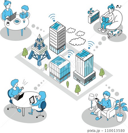 都市空間における多様なリモートワークのイメージイラスト 110013580
