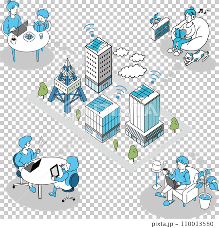 都市空間における多様なリモートワークのイメージイラスト 110013580
