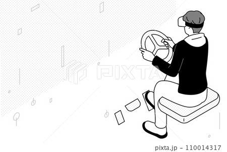 DXのイメージ、VRで車の運転・レーシングゲームをする男性 DXのイメージ、VRで車の運転・レーシングゲームをする男性 110014317
