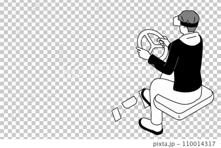 DXのイメージ、VRで車の運転・レーシングゲームをする男性 DXのイメージ、VRで車の運転・レーシングゲームをする男性 110014317