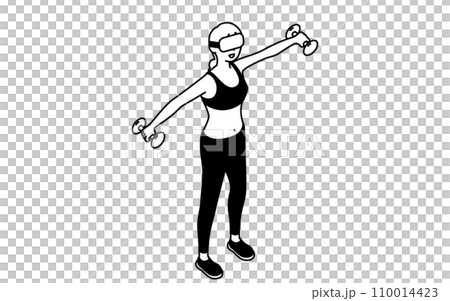 VRフィットネス、VRゴーグルをつけてダンベルトレーニングする女性 VRフィットネス、VRゴーグルをつけてダンベルトレーニングする女性 110014423