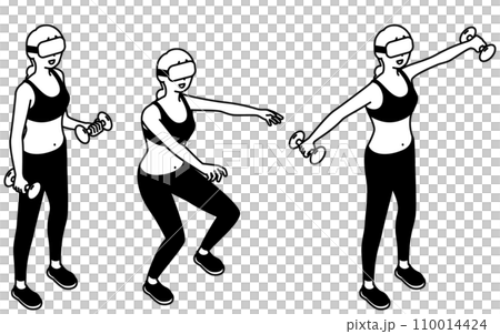 VRフィットネス、VRゴーグルをつけてトレーニングする女性、3セット VRフィットネス、VRゴーグルをつけてトレーニングする女性、3セット 110014424