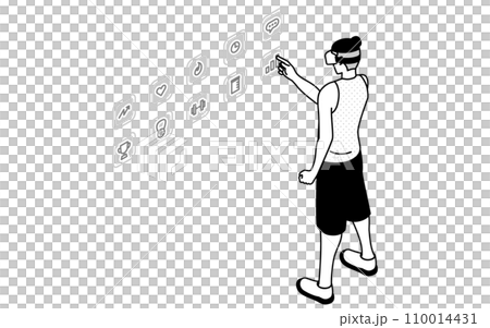 空中のメニューアイコンをタッチする男性、VRフィットネスアプリでVRゴーグルをつけて 110014431