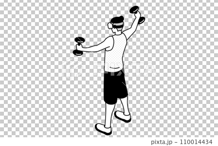 VR fitness, man training with dumbbells wearing VR goggles 110014434