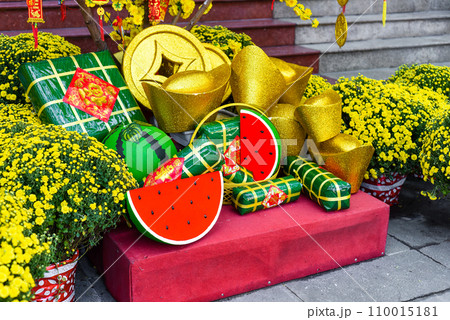 decoration and chrysanthemums flowers as symbol of wealth for Tet Lunar New Year decoration and chrysanthemums flowers as symbol of wealth for Tet Lunar New Year 110015181