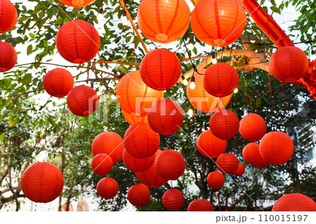 Many red lanterns hanging in Vietnam for Tet Lunar New Year Many red lanterns hanging in Vietnam for Tet Lunar New Year 110015197