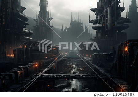 "支配の影: 荒廃したサイバーメガシティ"<AI生成画像> 110015487