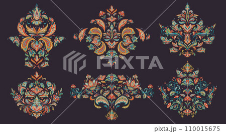Set of six vector oriental motifs with paisley ornament. Set of six vector oriental motifs with paisley ornament. 110015675