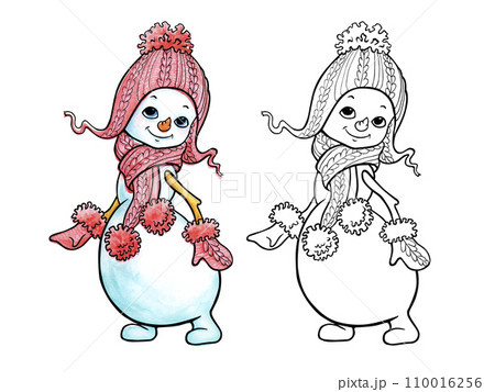 Cute snowman girl in a pink knitted hat, mittens and scarf with pompoms. Hand drawn coloring page with color sample Cute snowman girl in a pink knitted hat, mittens and scarf with pompoms. Hand drawn coloring page with color sample 110016256