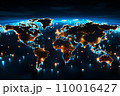 Global network on glowing digital world map on dark blue background. Generative ai 110016427