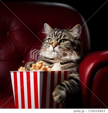 A cat with popcorn in 3D glasses sits in a cinema chair. A cat with popcorn in 3D glasses sits in a cinema chair. 110016663