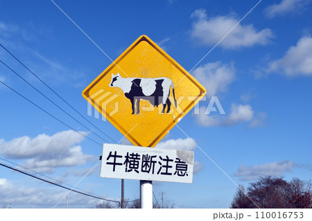 牛横断注意の道路標識 牛横断注意の道路標識 110016753