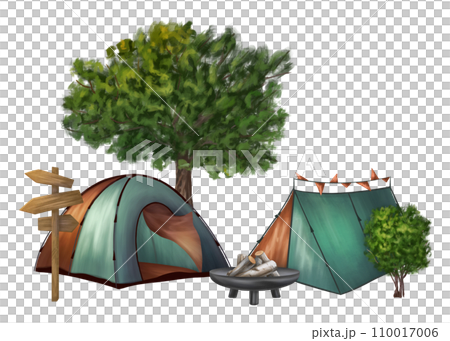 Camping with a tent and a campfire. Summer holidays at the camp. Forest landscape with hiking equipment, active entertainment. Outdoor adventures, hiking, picnic holidays. Isolated illustration Camping with a tent and a campfire. Summer holidays at the camp. Forest landscape with hiking equipment, active entertainment. Outdoor adventures, hiking, picnic holidays. Isolated illustration 110017006