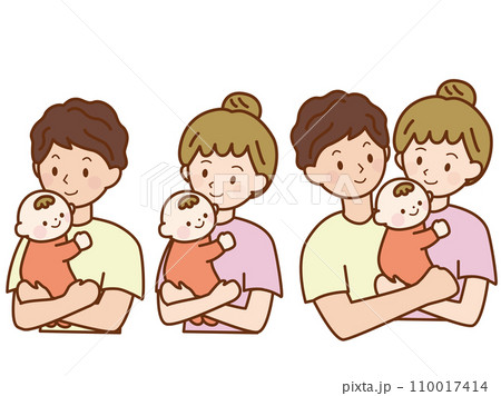 赤ちゃんを抱く若い親のイラスト3点 110017414