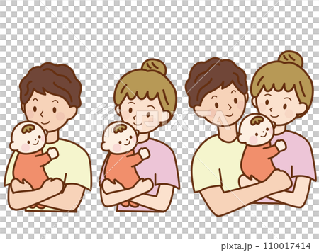 赤ちゃんを抱く若い親のイラスト3点 110017414