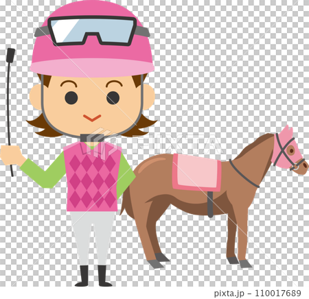 ムチを持って立っている女性騎手と競走馬のイメージイラスト ムチを持って立っている女性騎手と競走馬のイメージイラスト 110017689