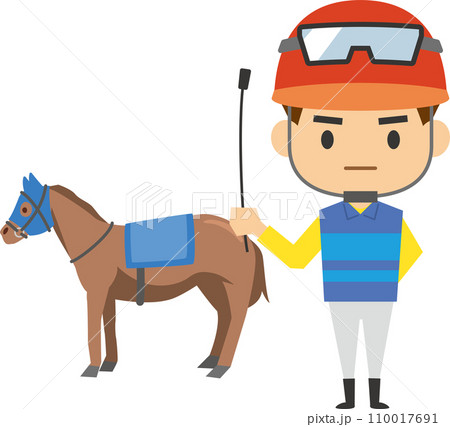 ムチを持って立っている男性騎手と競走馬のイメージイラスト 110017691