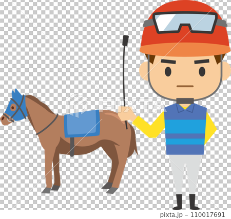 ムチを持って立っている男性騎手と競走馬のイメージイラスト 110017691