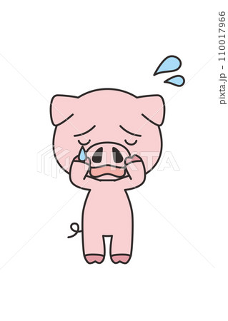 泣いている可愛いブタのイラスト　全身　白背景　ベクター　クリップアート　主線あり 110017966