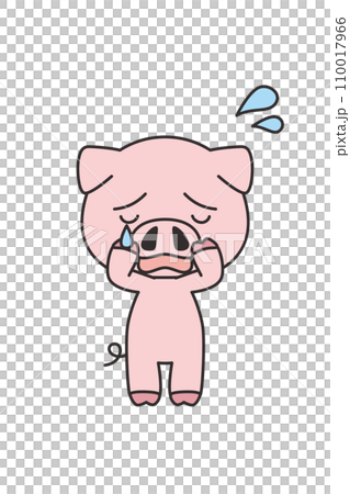 泣いている可愛いブタのイラスト　全身　白背景　ベクター　クリップアート　主線あり 110017966