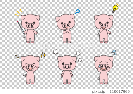 色々な表情とポーズの可愛いブタのイラスト　セット　バリエーション　ベクター　白背景　全身　主線あり 110017969
