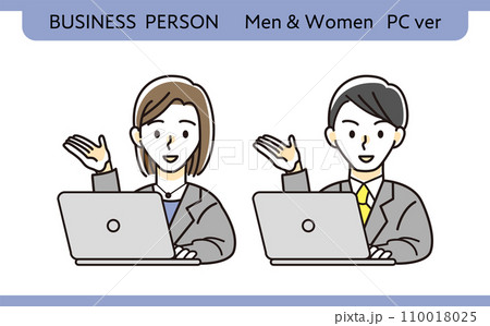 仕事をしながら案内をするビジネスパーソン 女性 男性 パソコン PC  素材 110018025