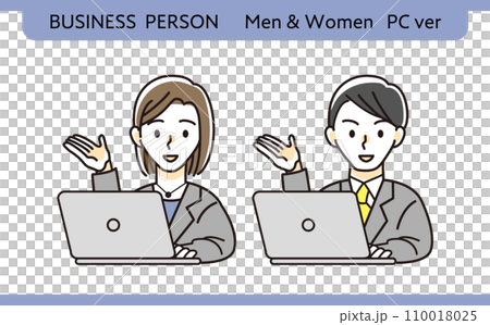 仕事をしながら案内をするビジネスパーソン 女性 男性 パソコン PC  素材 110018025