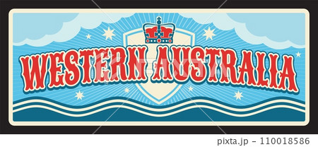 Western Australia metal plaque with royal crown, Australian states vintage plate. Vector tropical island, palm and sun, glacier and coat of arms crown, tin sign. Australia travel destination plaque Western Australia metal plaque with royal crown, Australian states vintage plate. Vector tropical island, palm and sun, glacier and coat of arms crown, tin sign. Australia travel destination plaque 110018586