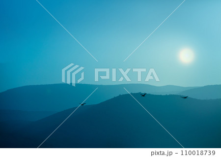 Silhouette of mountains against the sunset sky. Birds (Common crane) against the background of the mountains in the evening. The Hula Valley in northern Israel at sunset 110018739