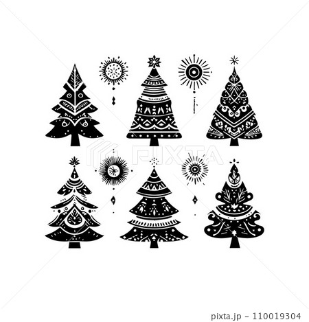 Silhouette Solid Vector Icon Set Of Christmas Tree, Yule tree, Fir tree, Tannenbaum, Evergreen, Conifer, Pine tree, Holiday tree, Festive tree, Decorated tree, Seasonal tree. 110019304