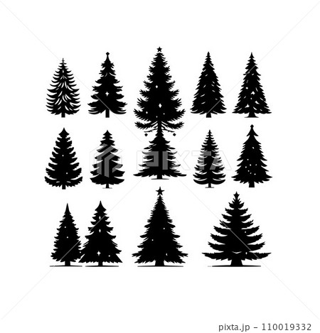 Silhouette Solid Vector Icon Set Of Christmas Tree, Yule tree, Fir tree, Tannenbaum, Evergreen, Conifer, Pine tree, Holiday tree, Festive tree, Decorated tree, Seasonal tree. Silhouette Solid Vector Icon Set Of Christmas Tree, Yule tree, Fir tree, Tannenbaum, Evergreen, Conifer, Pine tree, Holiday tree, Festive tree, Decorated tree, Seasonal tree. 110019332