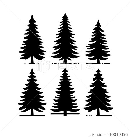 Silhouette Solid Vector Icon Set Of Christmas Tree, Yule tree, Fir tree, Tannenbaum, Evergreen, Conifer, Pine tree, Holiday tree, Festive tree, Decorated tree, Seasonal tree. 110019356