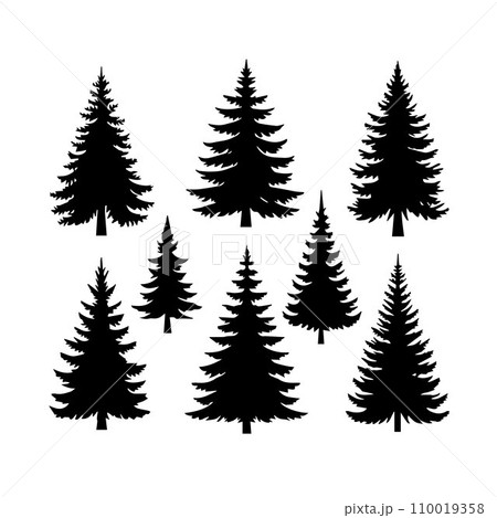 Silhouette Solid Vector Icon Set Of Christmas Tree, Yule tree, Fir tree, Tannenbaum, Evergreen, Conifer, Pine tree, Holiday tree, Festive tree, Decorated tree, Seasonal tree. 110019358