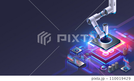Industrial robot manipulator places electronic components on electronic circuit board on production assembly line. Robot hand holds chip above PCB. AI Automated robotics factory of electronic industry 110019429