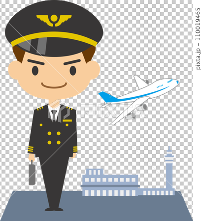 Image illustration of a smiling pilot and an airport 110019465