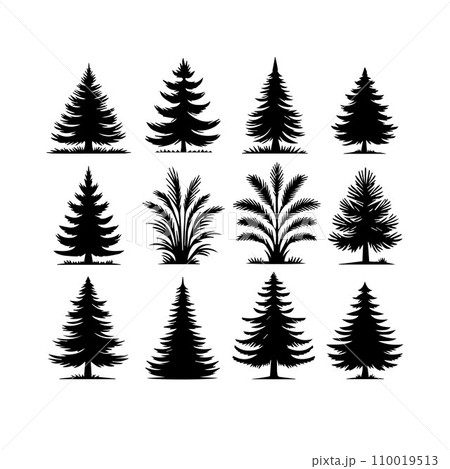 Silhouette Solid Vector Icon Set Of Christmas Tree, Yule tree, Fir tree, Tannenbaum, Evergreen, Conifer, Pine tree, Holiday tree, Festive tree, Decorated tree, Seasonal tree. 110019513