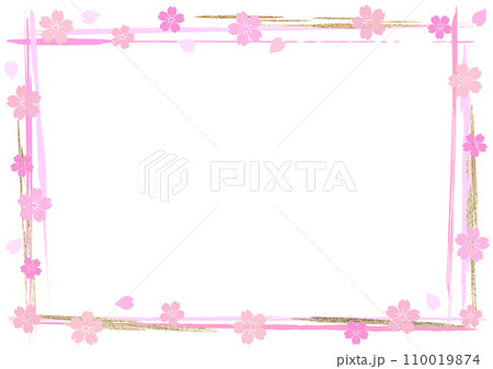 桜とキラキラ金の手描き風ラインフレーム 110019874