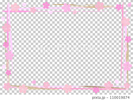 桜とキラキラ金の手描き風ラインフレーム 110019874