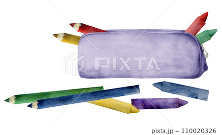 Watercolor hand drawn illustration, kids children painting materials supplies, pencil case with color pencils crayons. Composition isolated on white. School, kindergarten, party, cards, website, shop 110020326