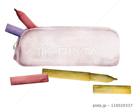 Watercolor hand drawn illustration, kids children painting materials supplies, pencil case with color markers crayons. Composition isolated on white. For school, kindergarten, party, cards, website 110020337